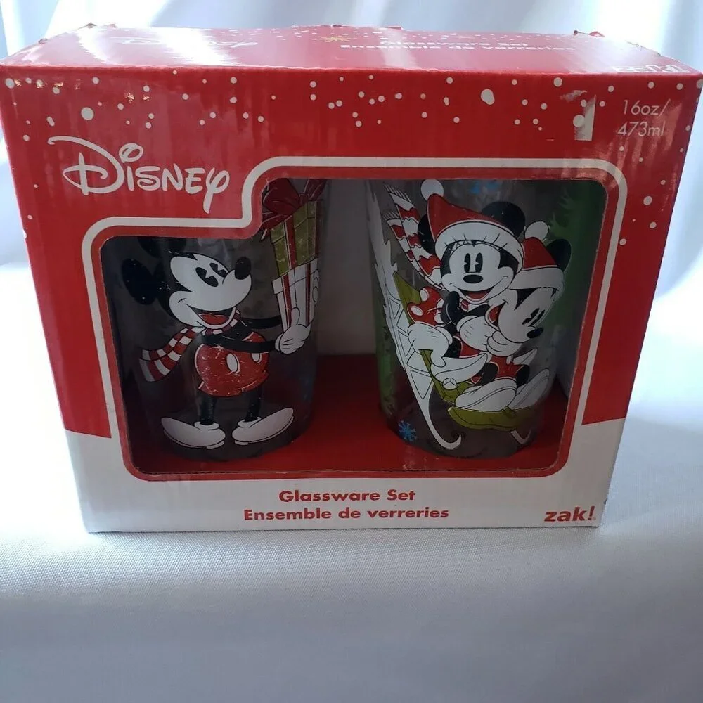 Zak! Disney Mickey Minnie Mouse Glassware Set of 2 Pint 16 ounce Christmas Cups